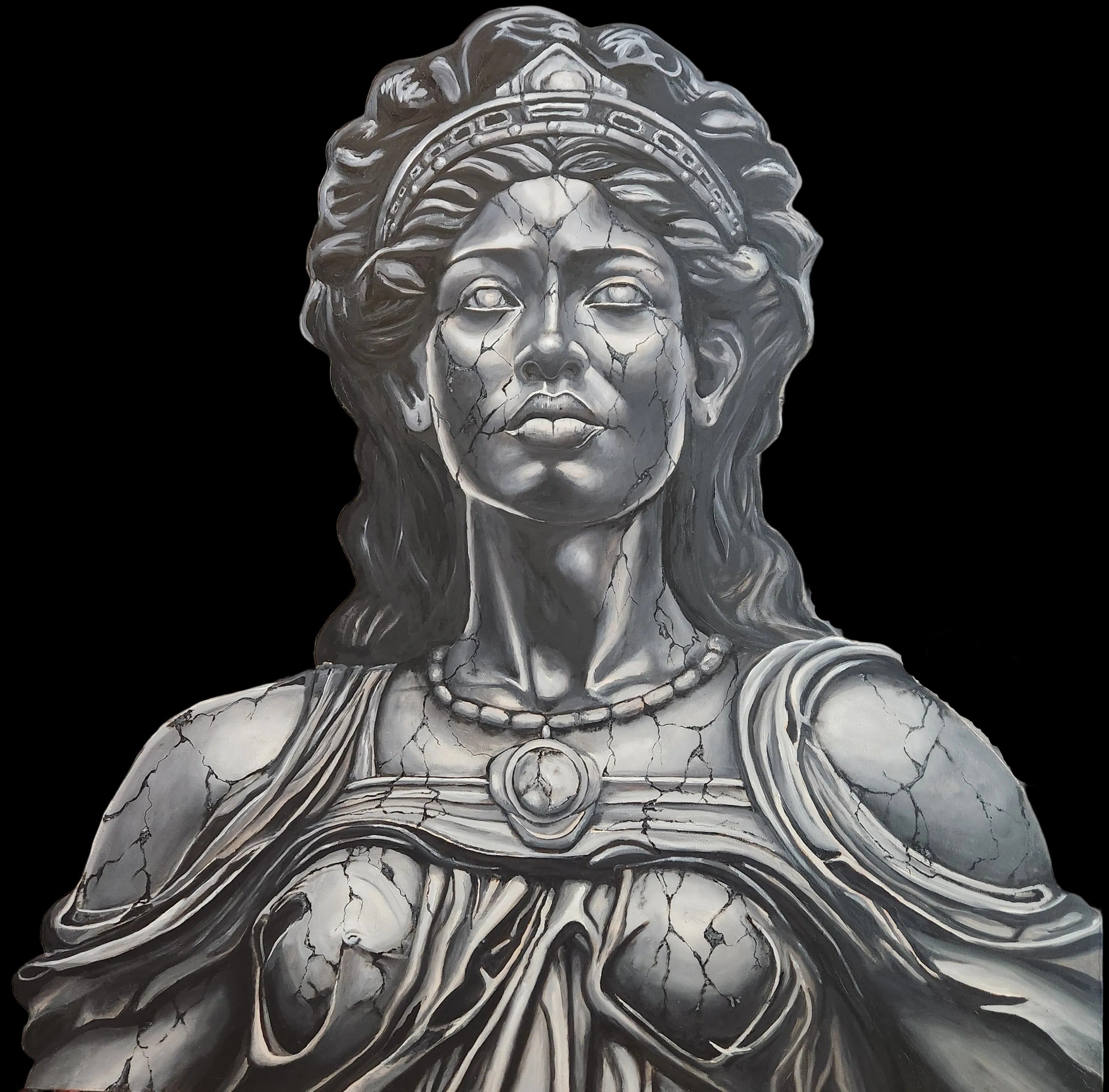 Black and white illustration of a warrior-like figure with intricate details.